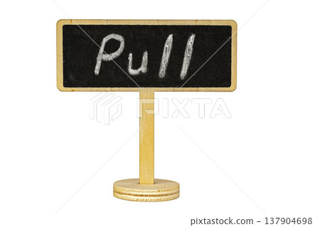 Miniature Wooden Stand with Blackboard Sign Displaying Handwritten White Chalk Pull Text Isolated on Clean White Background with Plenty of Copy Space for Design Use 137904698