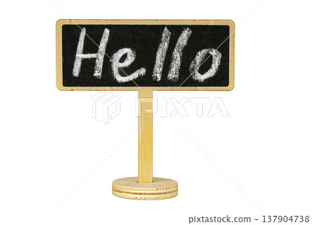 Charming Mini Wooden Stand Blackboard Sign with Handwritten Hello Written in White Chalk, Isolated on Clean White Background with Ample Copy Space for Design Use Charming Mini Wooden Stand Blackboard Sign with Handwritten Hello Written in White Chalk, Isolated on Clean White Background with Ample Copy Space for Design Use 137904738