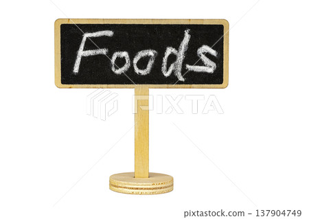 Rustic Wooden Stand with Mini Blackboard Displaying Handwritten White Chalk Foods Text Isolated on Clean White Background Offering Ample Copy Space for Restaurant Menu or Cafe Display Rustic Wooden Stand with Mini Blackboard Displaying Handwritten White Chalk Foods Text Isolated on Clean White Background Offering Ample Copy Space for Restaurant Menu or Cafe Display 137904749