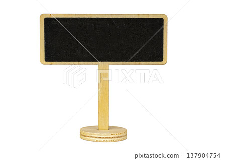 Miniature Blank Blackboard Chalk Handwritten Sign Mounted on Rustic Wooden Pole Stand with Circular Base Isolated on White Background Offering Empty Copy Space for Custom Text or Menu Miniature Blank Blackboard Chalk Handwritten Sign Mounted on Rustic Wooden Pole Stand with Circular Base Isolated on White Background Offering Empty Copy Space for Custom Text or Menu 137904754