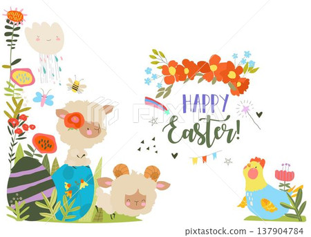 Cute Cartoon Lambs sitting on Easter Eggs Cute Cartoon Lambs sitting on Easter Eggs 137904784