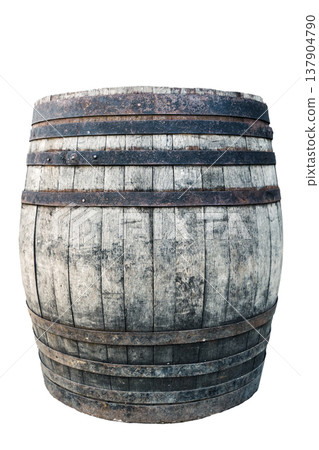 Old traditional oak barrel for wine aging isolated on a white background. Isolated object photography of an aged wooden cask used for whiskey, bourbon, or beer storage in a cellar. Old traditional oak barrel for wine aging isolated on a white background. Isolated object photography of an aged wooden cask used for whiskey, bourbon, or beer storage in a cellar. 137904790