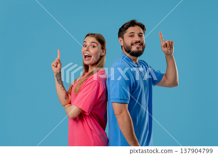 Breakthrough Creative Idea, Couple Woman Man, Eureka Moment, Pointing Fingers Up Breakthrough Creative Idea, Couple Woman Man, Eureka Moment, Pointing Fingers Up 137904799