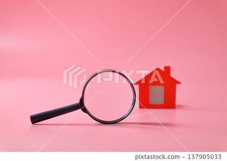 Minimal red house with magnifying glass . Minimal red house with magnifying glass . 137905033
