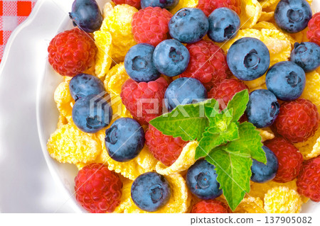 Breakfast, corn flakes with berries, raspberries, blueberries breakfast for health 137905082