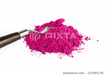 Bright Magenta Powder With Gardening Tool on White Background Showcasing Vibrant Color Bright Magenta Powder With Gardening Tool on White Background Showcasing Vibrant Color 137905176