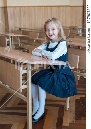 girl in the first grade, is sitting at the desk girl in the first grade, is sitting at the desk 137905225