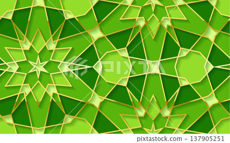 Green and gold islamic geometric star pattern background with 3d layered arabesque shapes 137905251