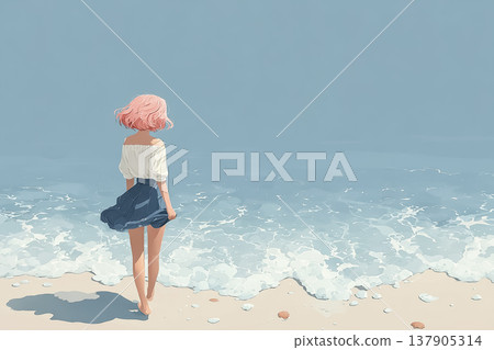 艾米系列:一位有著粉紅色頭髮的年輕女子站在海灘上。艾米系列夏季插畫素材。 艾米系列:一位有著粉紅色頭髮的年輕女子站在海灘上。艾米系列夏季插畫素材。 137905314