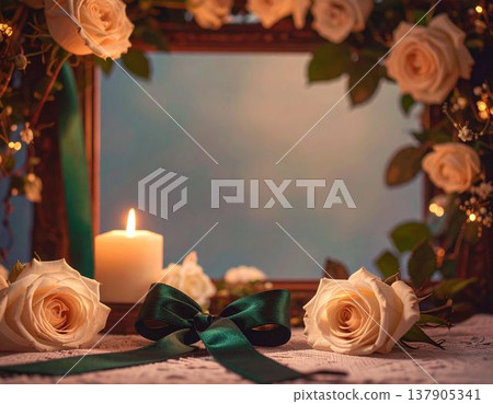 一個用白玫瑰、絲帶和蠟燭裝飾的相框（AI生成圖像） 137905341