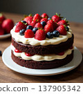 Chocolate layered cake filled with smooth cream and decorated with fresh berries, including strawberries and blueberries, displayed on a white plate on a neutral background. 137905342