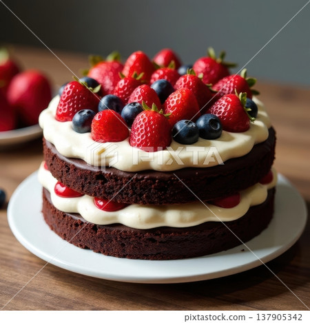 Chocolate layered cake filled with smooth cream and decorated with fresh berries, including strawberries and blueberries, displayed on a white plate on a neutral background. 137905342