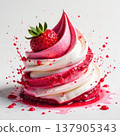 A delicious swirl of pink and white whipped cream topped with a fresh strawberry, surrounded by splashes of red sauce. 137905343