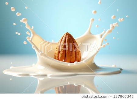 An almond splashes into a pool of milk, creating a dynamic splash effect. The background is a soft blue, enhancing the freshness of the scene. An almond splashes into a pool of milk, creating a dynamic splash effect. The background is a soft blue, enhancing the freshness of the scene. 137905345