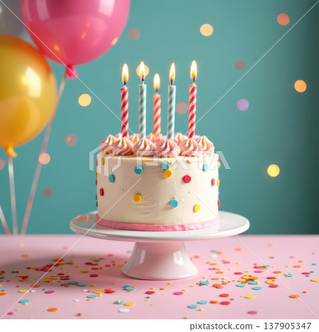 A round birthday cake with white frosting, topped with six colorful candles. Sprinkles and confetti surround the cake on a light blue background. A round birthday cake with white frosting, topped with six colorful candles. Sprinkles and confetti surround the cake on a light blue background. 137905347