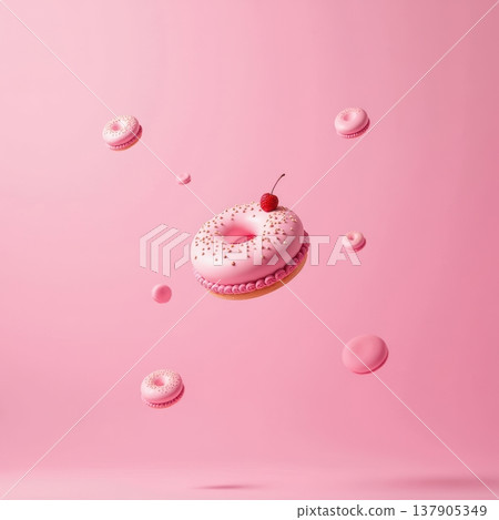A pink donut with sprinkles and a cherry on top floats in a pink background. Surrounding it are smaller pink donuts, creating a whimsical dessert scene. A pink donut with sprinkles and a cherry on top floats in a pink background. Surrounding it are smaller pink donuts, creating a whimsical dessert scene. 137905349
