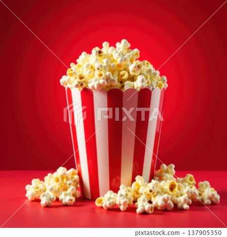 Tasty popcorn in a paper container isolated on a red background. Symbol of cinema, fun, and casual snacking. 137905350