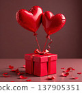 Present box decorated with two heart balloons on a bright red background. Symbol of love, romance, and Valentines Day celebration. 137905351