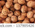 Whole walnuts background, healthy nutrition ingredient 137905426