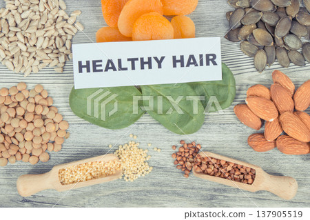 Fresh healthy eating containing various vitamins or minerals. Hair in good condition Fresh healthy eating containing various vitamins or minerals. Hair in good condition 137905519