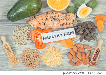 Various nutritious products or ingredients containing vitamins and minerals for healthy hair Various nutritious products or ingredients containing vitamins and minerals for healthy hair 137905523