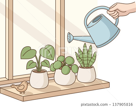 Minimalist Illustration of Hand Watering Potted Houseplants on a Sunny Windowsill with a Decorative Bird Minimalist Illustration of Hand Watering Potted Houseplants on a Sunny Windowsill with a Decorative Bird 137905816