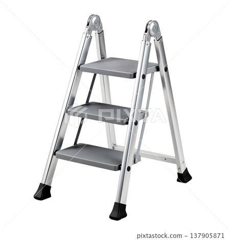 Lightweight folding aluminum three-step ladder, isolated. Perfect for home improvement, diy projects, and household equipment catalogs 137905871