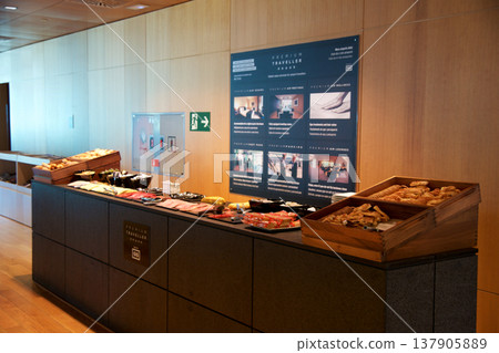 Barcelona, Spain, September 02, 2017: Buffet with various dishes in a frequent flyer lounge Barcelona, Spain, September 02, 2017: Buffet with various dishes in a frequent flyer lounge 137905889