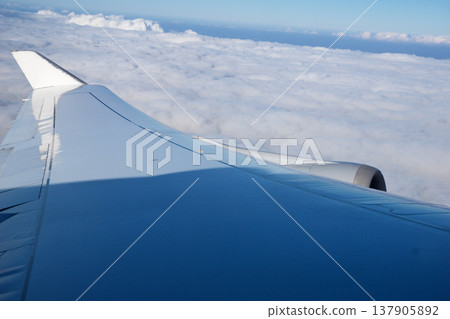 Frankfurt, Germany, 03 November 2017: Airplane wing and engine above the clouds Frankfurt, Germany, 03 November 2017: Airplane wing and engine above the clouds 137905892