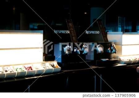 Barcelona, Spain, September 02, 2017: Nespresso coffee machines with various coffee options in a frequent flyer lounge 137905906