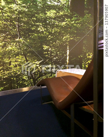 Frankfurt, Germany, 02 September 2017: Leather relaxation lounger in a frequent flyer lounge with forest mural 137905907