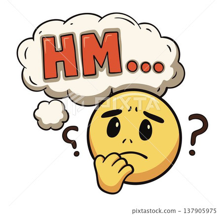 Thinking emoji with Hm lettering and icons, colorful expression illustration 137905975