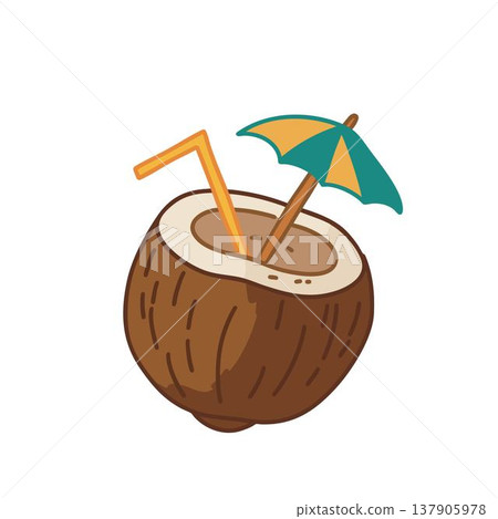 Coconut drink with straw and umbrella, tropical beach cocktail illustration Coconut drink with straw and umbrella, tropical beach cocktail illustration 137905978