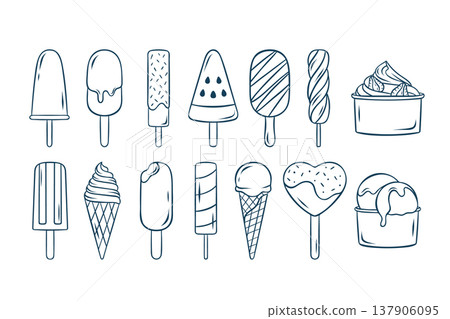 large vector set, different types of ice cream, popsicle, cone, sorbet, fruit ice, simple icons, doodle and sketch, Mediterranean style blue line large vector set, different types of ice cream, popsicle, cone, sorbet, fruit ice, simple icons, doodle and sketch, Mediterranean style blue line 137906095
