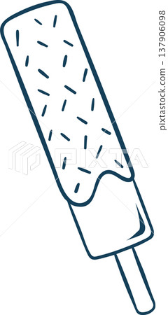 Blue sketch of a simple chocolate ice pop with stick and sprinkle. Single vector icon for ice cream cafe, kids' menus or frozen dessert marketing Blue sketch of a simple chocolate ice pop with stick and sprinkle. Single vector icon for ice cream cafe, kids' menus or frozen dessert marketing 137906098