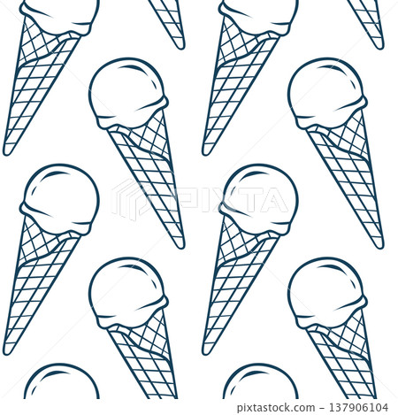 Mediterranean blue line doodle pattern with rows of ice cream cones. Minimalist repeat for gelato shops or summer menus Mediterranean blue line doodle pattern with rows of ice cream cones. Minimalist repeat for gelato shops or summer menus 137906104