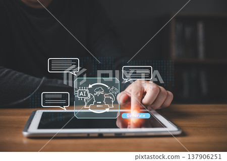 businessman touch tablet featuring AI assistant chat interface icon, illustrating artificial intelligence communication, chatbot technology, and digital language model generation in modern innovation. businessman touch tablet featuring AI assistant chat interface icon, illustrating artificial intelligence communication, chatbot technology, and digital language model generation in modern innovation. 137906251