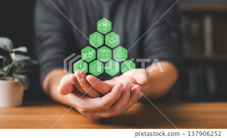 person hold glow green hexagonal icon representing sustainability, renewable energy, and eco-friendly innovation in open hand.Symbol highlight recycling, solar power, and environmental responsibility. person hold glow green hexagonal icon representing sustainability, renewable energy, and eco-friendly innovation in open hand.Symbol highlight recycling, solar power, and environmental responsibility. 137906252