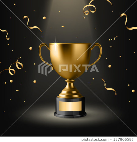 Vector 3d Golden Trophy Cup Award on Black Background with Confetti. Winner Prize for Championship and Success Celebration. Competition, Ceremony, Achievement Concept 137906595