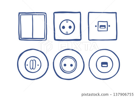Hand drawn electrical socket and light switch vector icons set. Minimal blue line art illustration of wall outlets and switches isolated on white background. Home electricity and power concept. Hand drawn electrical socket and light switch vector icons set. Minimal blue line art illustration of wall outlets and switches isolated on white background. Home electricity and power concept. 137906755