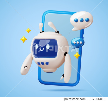 3d robot helps from smartphone. Funny android character, online assistant, digital render mascot, friendly chatbot, mobile messaging support, digital communication classy vector concept 137906813