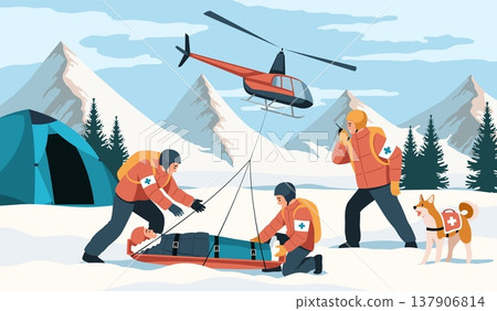 Alpine rescue service. Men in equipment transport victim in mountains, avalanche risk, helicopter picks up stretcher, emergency aid, medical transportation tidy vector cartoon flat concept 137906814