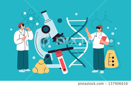 Augmented reality. Scientists with vr glasses use virtual objects, new technologies interaction, progressive methods, laboratory analysis, garish vector cartoon flat biotechnology concept 137906816