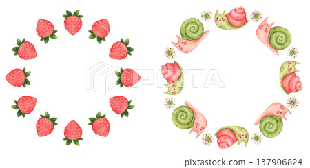 Strawberry wreath and fun wreath with funny snails. Set of two wreaths. Round frames in cartoon style with garden or forest elements. Hand-drawn watercolor illustration isolated on a white background Strawberry wreath and fun wreath with funny snails. Set of two wreaths. Round frames in cartoon style with garden or forest elements. Hand-drawn watercolor illustration isolated on a white background 137906824