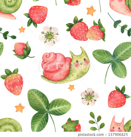 Cute cartoon seamless pattern with snails, strawberries, flowers, leaves, and stars. Garden or forest characters and elements in children style. Watercolor illustration isolated on a white background Cute cartoon seamless pattern with snails, strawberries, flowers, leaves, and stars. Garden or forest characters and elements in children style. Watercolor illustration isolated on a white background 137906825