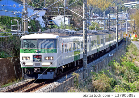 伊東線，伊豆多賀 - 網代，JR東日本，185系列，A8編組（大宮），大通子列車。 137906892