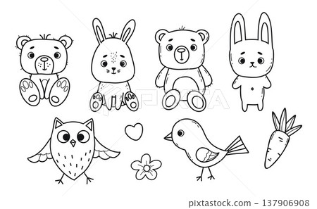 Cute Animals Doodle Set. Teddy Bears, Bunnies, Owl and Bird. isolated Outline Hand Drawn on white Background. Baby Line drawing, coloring page. Vector Illustration Cute Animals Doodle Set. Teddy Bears, Bunnies, Owl and Bird. isolated Outline Hand Drawn on white Background. Baby Line drawing, coloring page. Vector Illustration 137906908