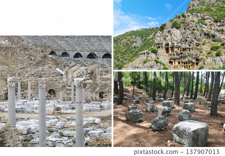 Comprehensive collage of ancient archaeological sites in Turkey featuring the Roman theater in Side, Lycian rock tombs in Myra, and stone ruins of Phaselis city in a pine forest. Comprehensive collage of ancient archaeological sites in Turkey featuring the Roman theater in Side, Lycian rock tombs in Myra, and stone ruins of Phaselis city in a pine forest. 137907013