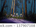 Impressionist painting of daffodils and crocuses in a forest with tall trees 137907108