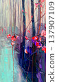 Abstract floral painting with vibrant colors and textured brush strokes in a 137907109